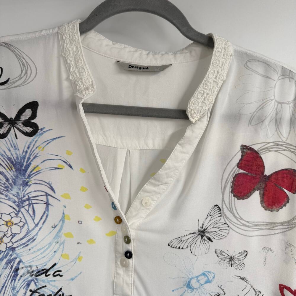 Desigual Graphic Print Blouse Womens XL White Long Sleeve Artsy Boho Sheer Tunic - Picture 5 of 10